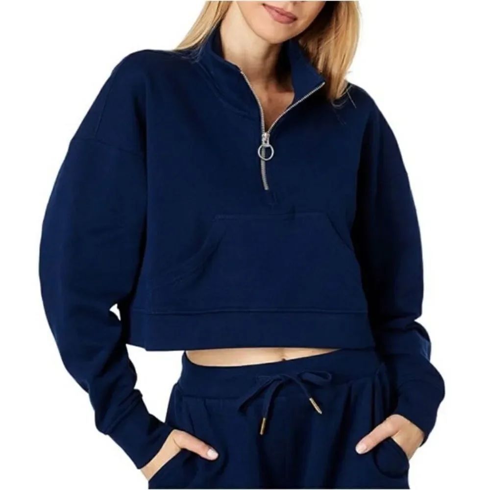 NWT WeWoreWhat Cropped Half Zip Pullover Terry In Dress Blue